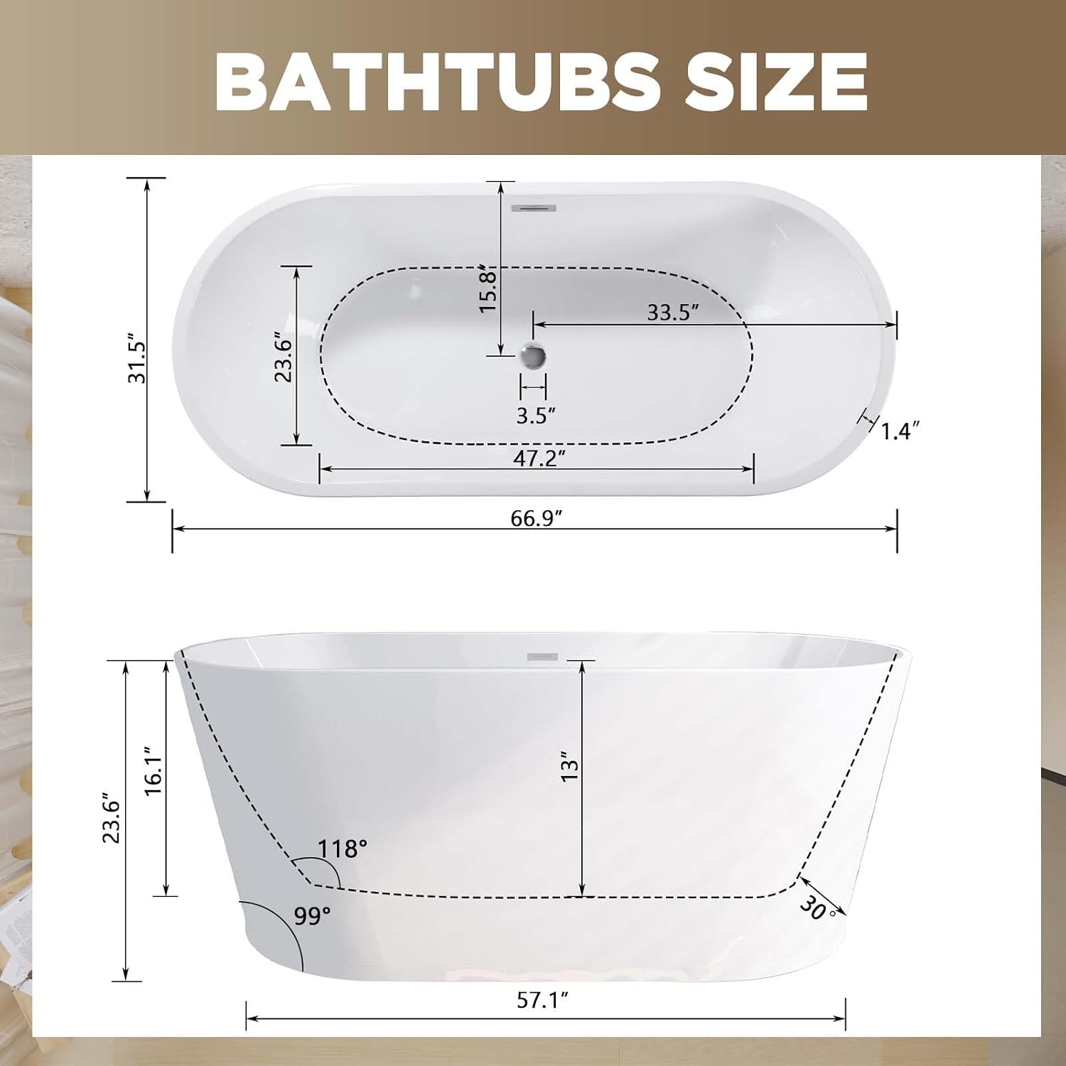 Acrylic Freestanding Soaking Bathtub with Toe-Tap Chrome Drain, Oval Stand Alone Tub, Ergonomic Soaking Tub (67')