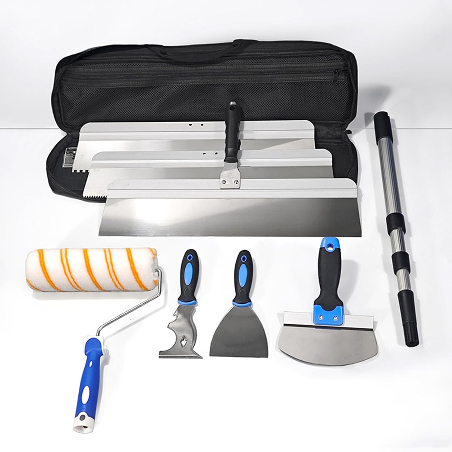 Asixxsix Drywall Knife Set, 10 Piece Stainless Steel Hand Tool Kit with Painter Scraper, Taping knife, Paint Rollers and Extension Pole for Walls, Ceiling and Trim Finishing Patching