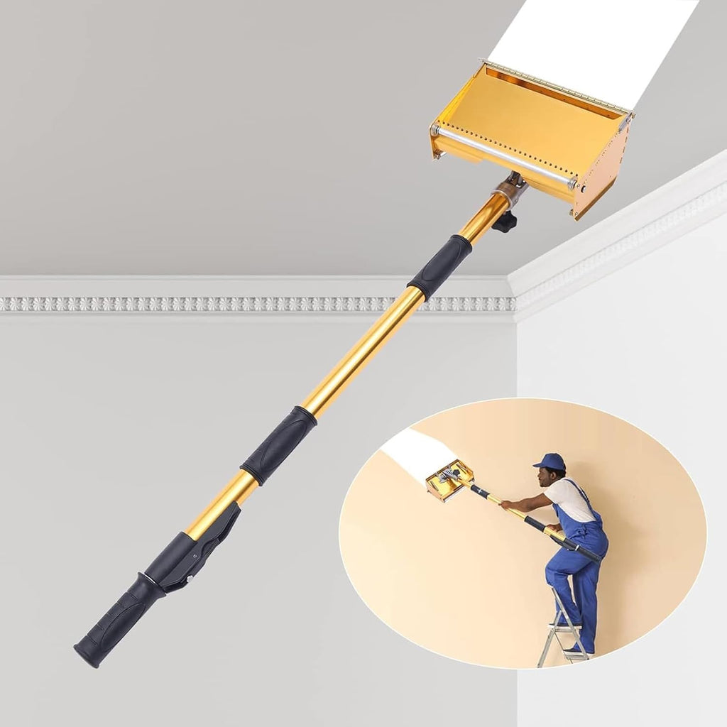 ErnZi 9.8 inch Drywall Flat Finishing Box w/ 40'-64' Handle, Aluminum Alloy Drywall Taping Flat Finishing Box Set, Drywall Mud Compound Drywall Putty Drywall Scraper Tools, 20240129