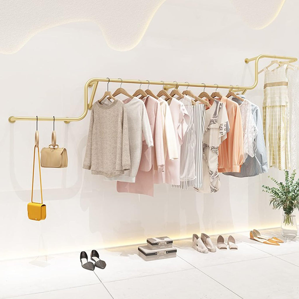 Clothing Store Display Stands Retail Gold Garment Racks,Modern Simple Wall Mounted Clothing Hanging Shelf System,Multipurpose Metal Pipe Hanging Bar,Clothes(A-L 250cm