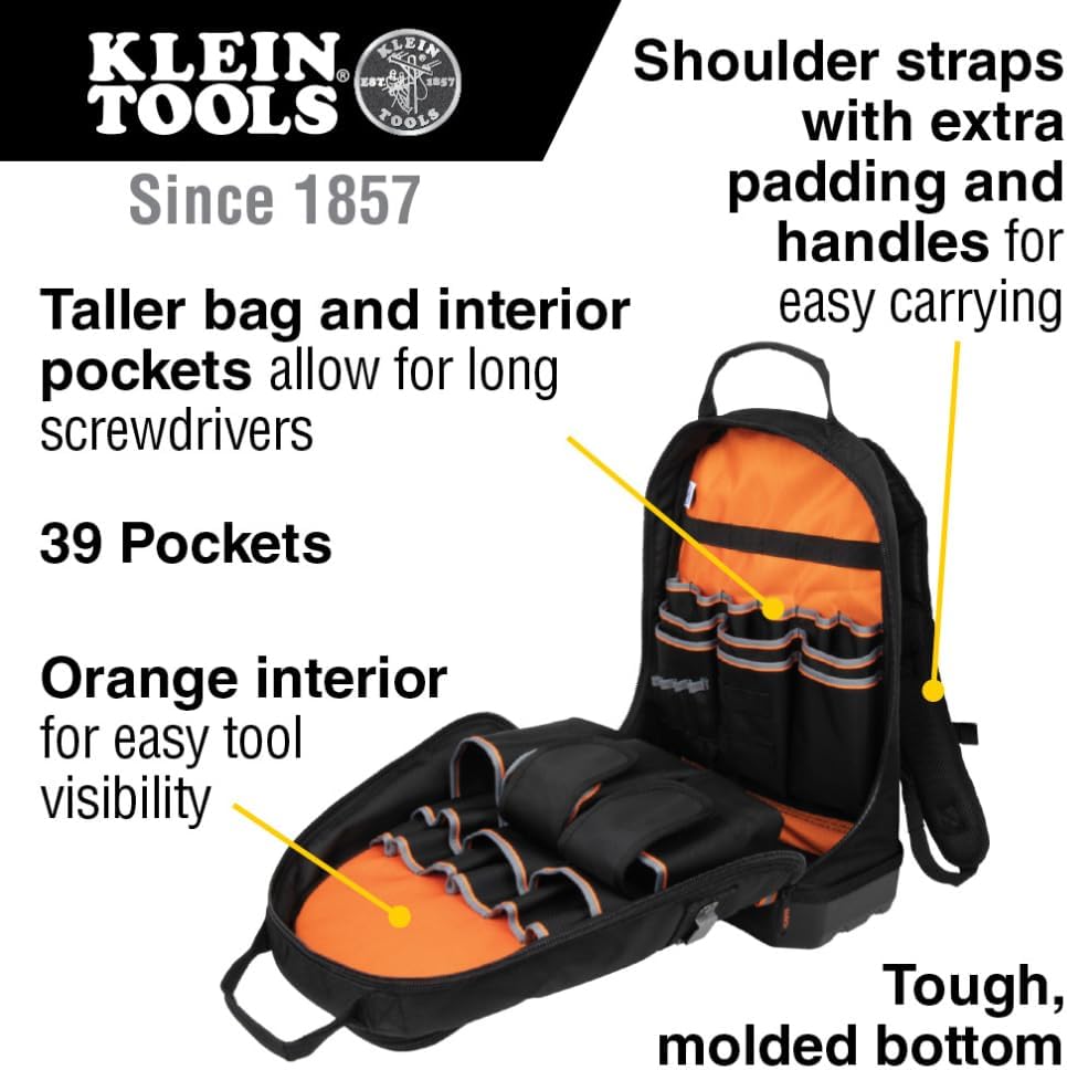 Klein Tools 39 Pocket Tool Backpack and 11-in-1 Ratcheting Impact Screwdriver Nut Driver Tool Bundle