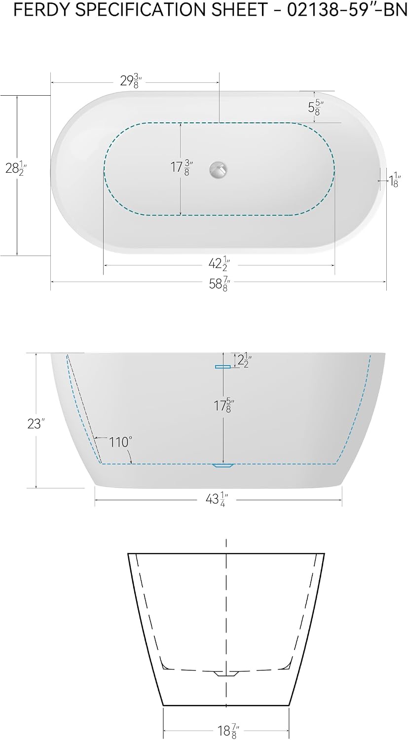 FerdY 59' Bali Elite Acrylic Freestanding Bathtub, Gracefully Shaped Freestanding Soaking Bathtub, cUPC Certified, Toe-Tap Chrome Drain and Minimalist Linear Design Overflow Included