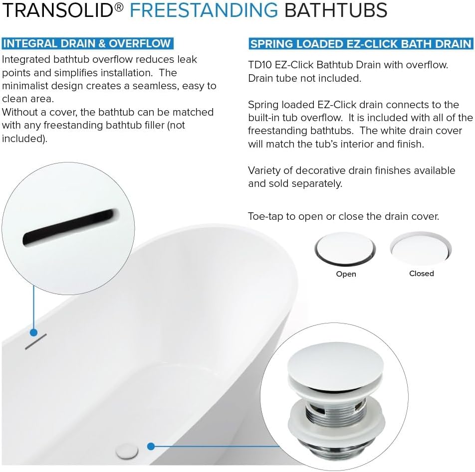 Transolid Skylar Freestanding Oval Soaking Bathtub Kit 59 in. x 31 in. Gloss White with Peyton T4240-MB Matte Black Floor-Mount Faucet, Color-Matched EZ-Click Center Drain and Bath Pillow