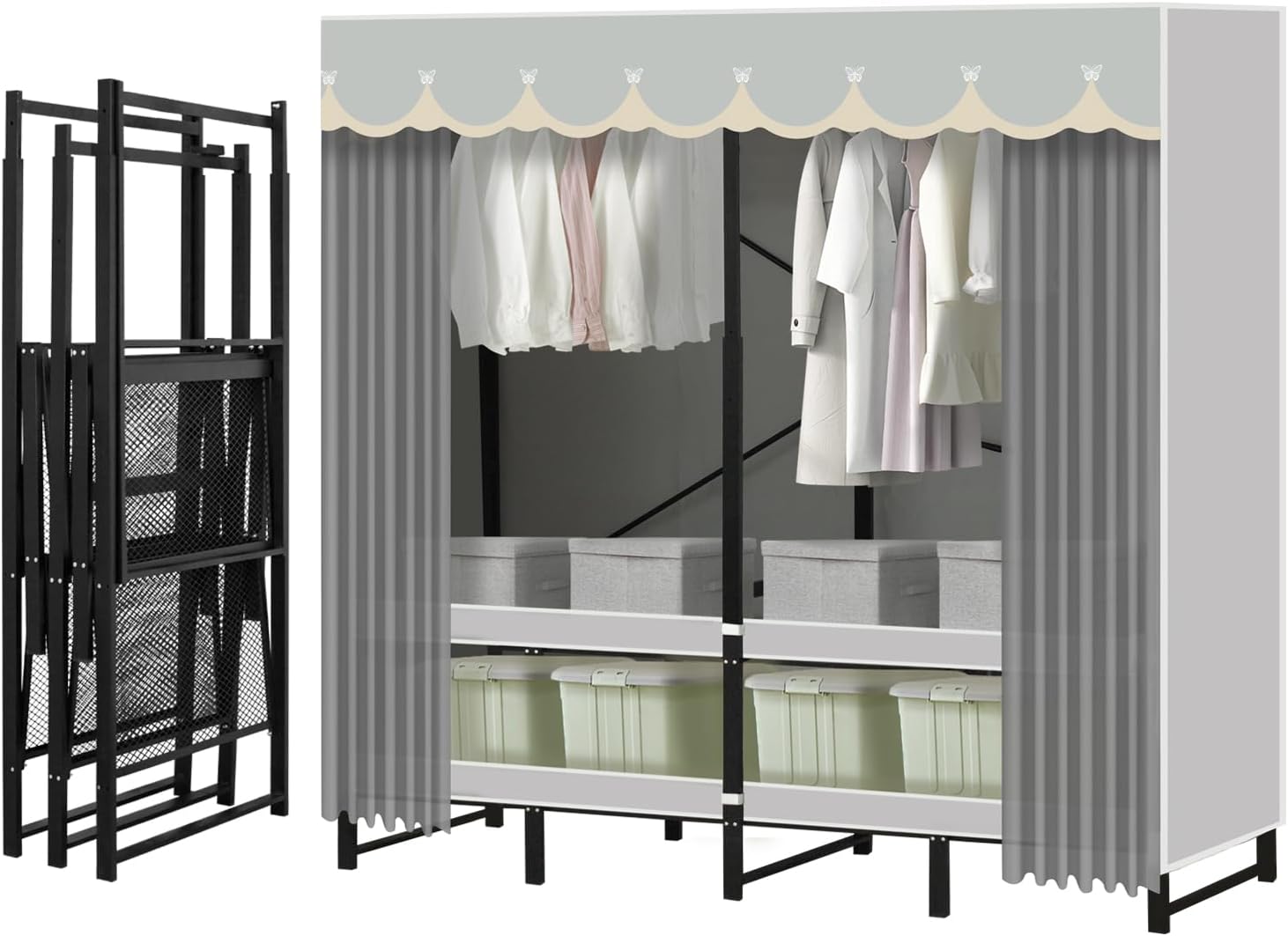 Heavy Duty Foldable Closet with Cover, Portable Closets for Hanging Clothes Freestanding Wardrobe Clothes Organizer Covered Garment Rack for Bedroom Dorm Apartment - No Assembly, Space-Saving (59in)