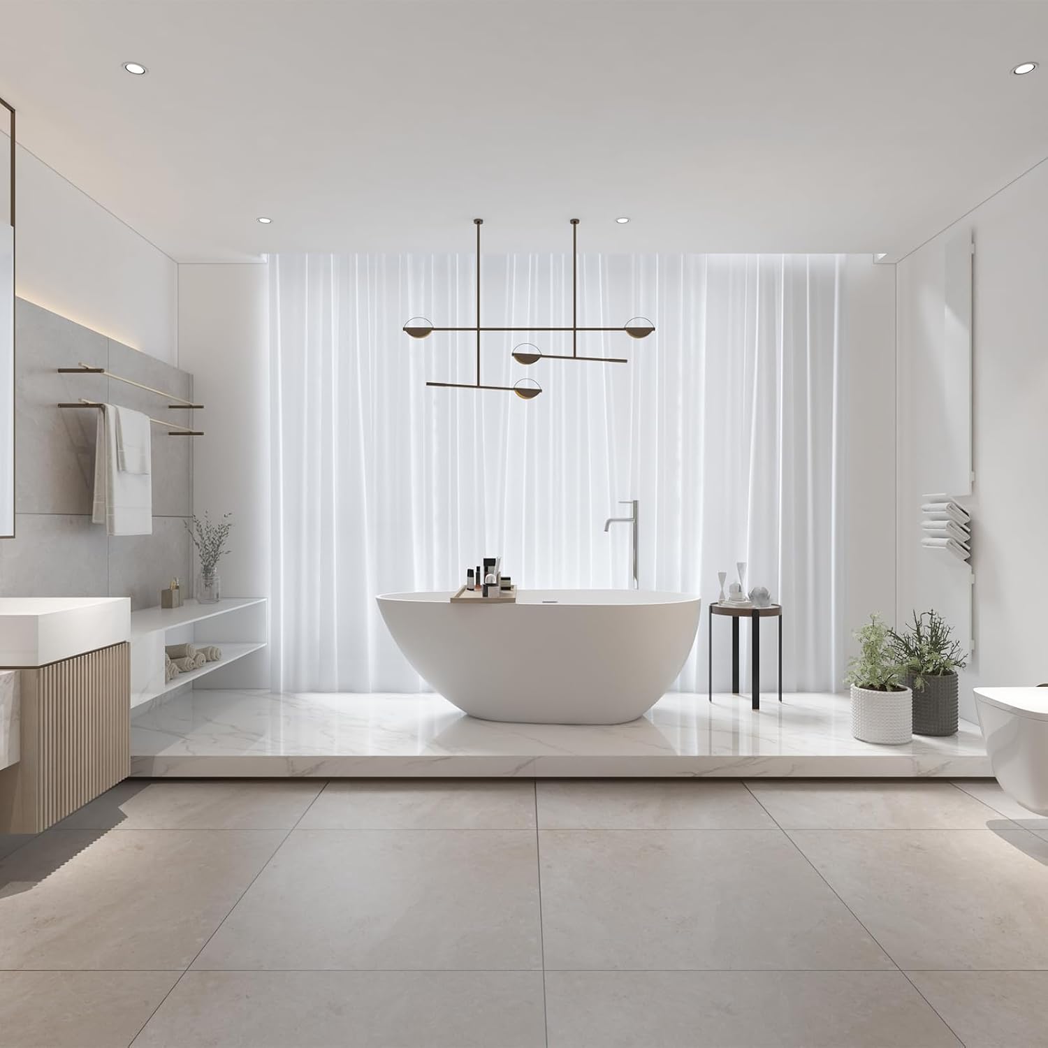 TONA 59' Stone Resin Freestanding Bathtub， Modern Egg Shell Shapes Solid Surface Soaking Stand Alone Tub, Matte White, Drain & Overflow Included