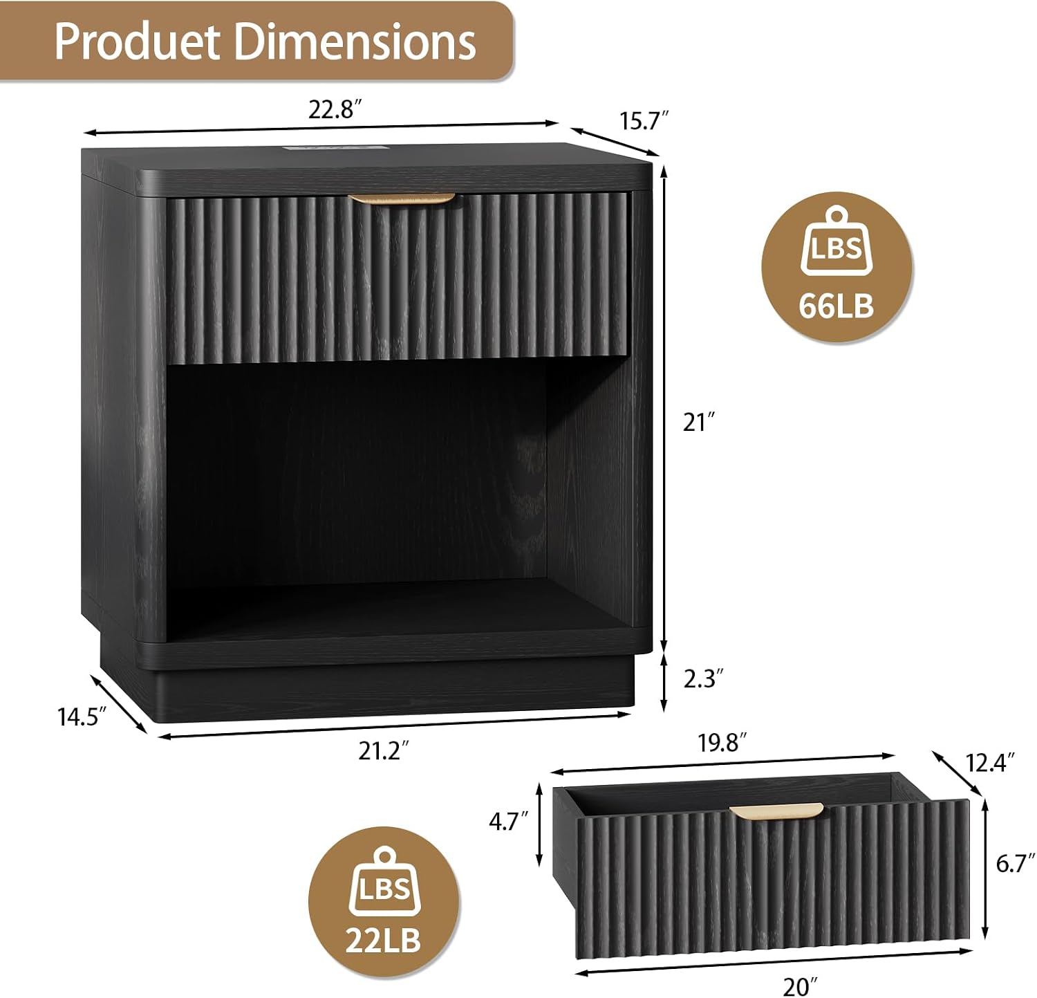 Fluted Night Stand Set of 2 with Charging Station, Wood Bedside Tables with Drawer & Open Shelf, Modern Matching Pair for Bedroom & Living Room, Black