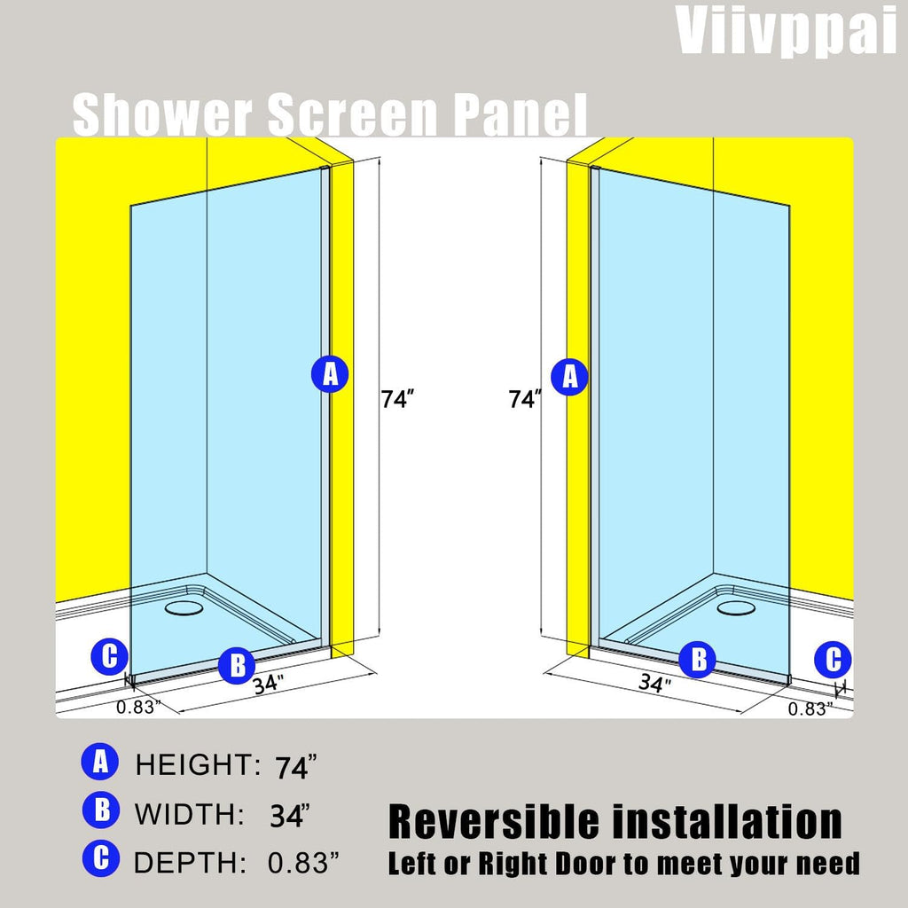 Shower Screen 34' x 74' Half Frameless Shower Wall Panel, Tempered Glass 3/8 inch, Easy to clean Coating, Fixed Glass Shower Door with Hardware (Brushed Gold)
