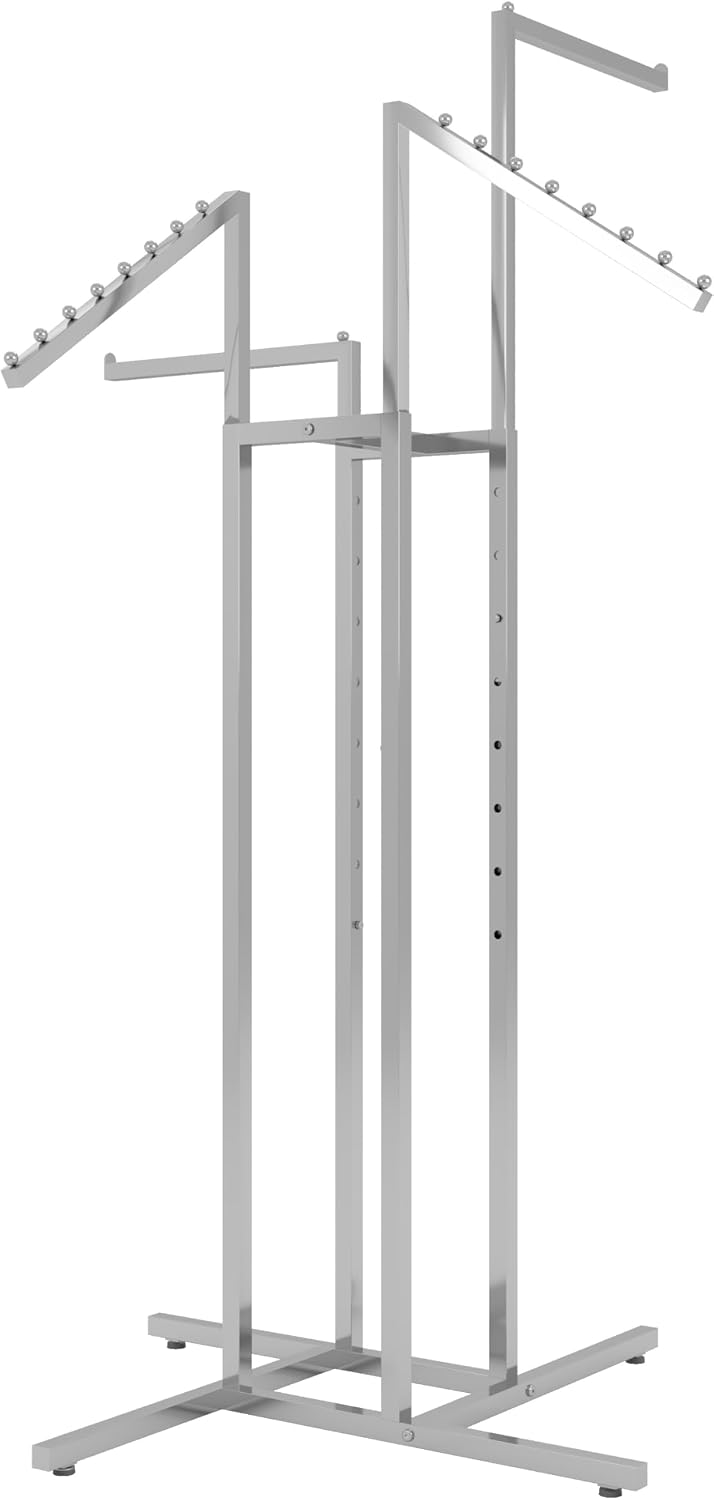 Econoco 4-Way Clothing Rack – Adjustable Height Display with 2 Straight and 2 Slanted Arms, 48″–72″, Chrome Finish