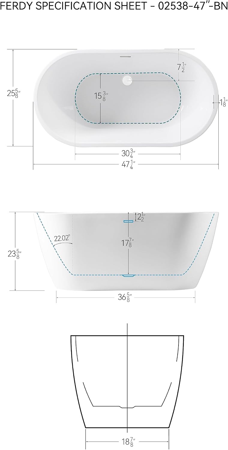 FerdY 47' Bali Acrylic Freestanding Bathtub, Gracefully Shaped Freestanding Soaking Bathtub, cUPC Certified, Toe-Tap White Drain and Minimalist Linear Design Overflow Included