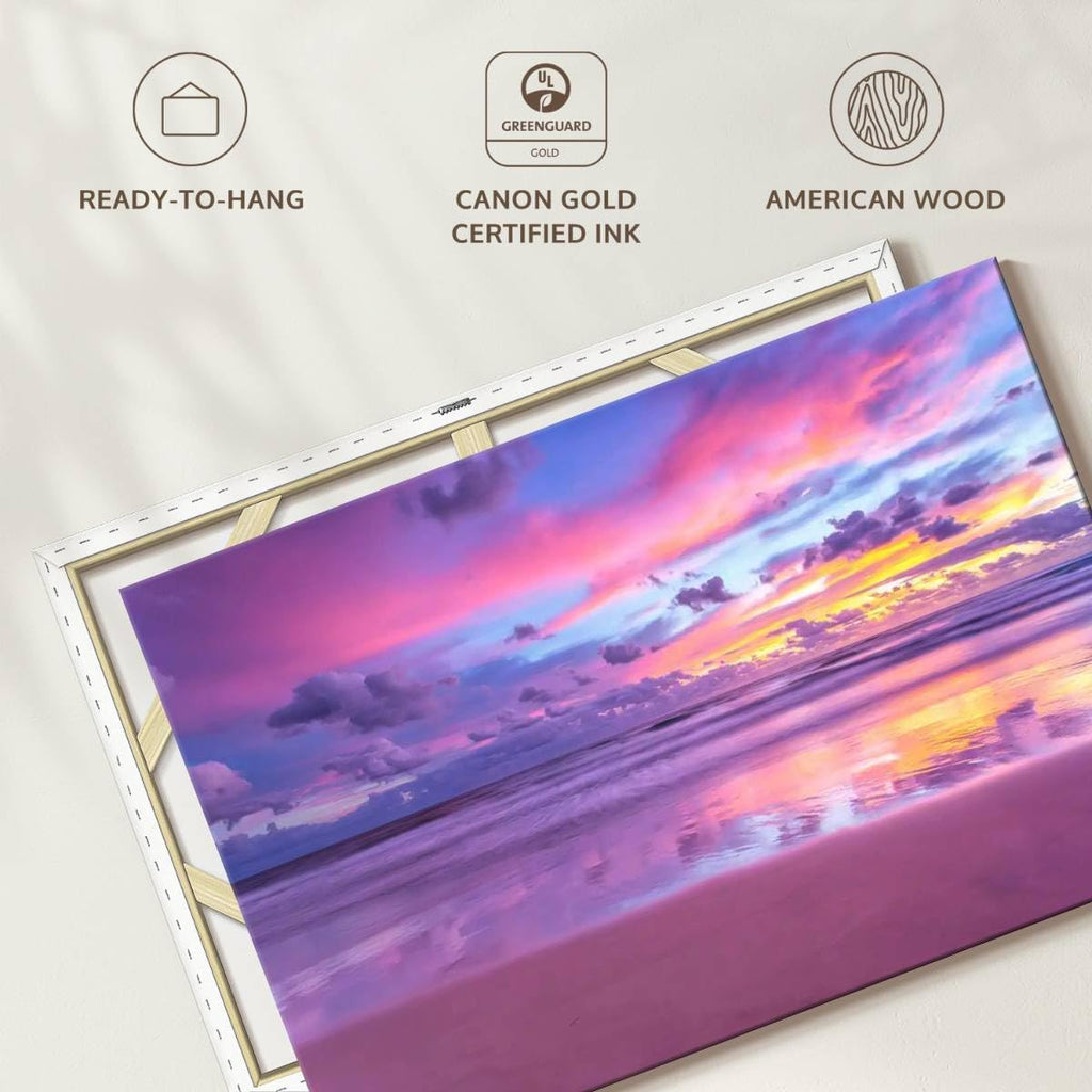 ElephantStock Cotton Candy Beach Sunrise Wall Art - Horizontal Wrapped Canvas - 1-Piece Living Room Wall Decor - Photography Beach Canvas Print - Purple and Pink Decor for Wall - 36' X 24'