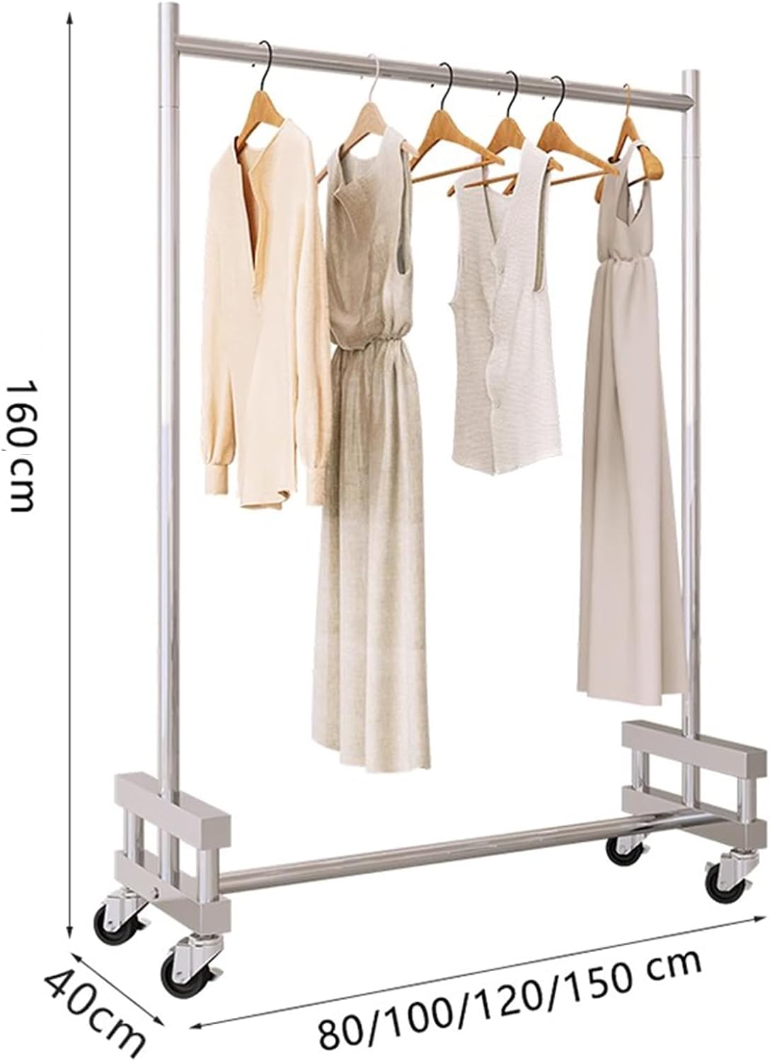 Garment Rack Heavy-Duty Clothes Rack With Wheels, Silver Stainless Steel Clothing Rack For Hanging Clothes, Commercial Clothes Rail For Retail Display, Single Rod Coat Rack For Bedr(Size:80X40X160CM)