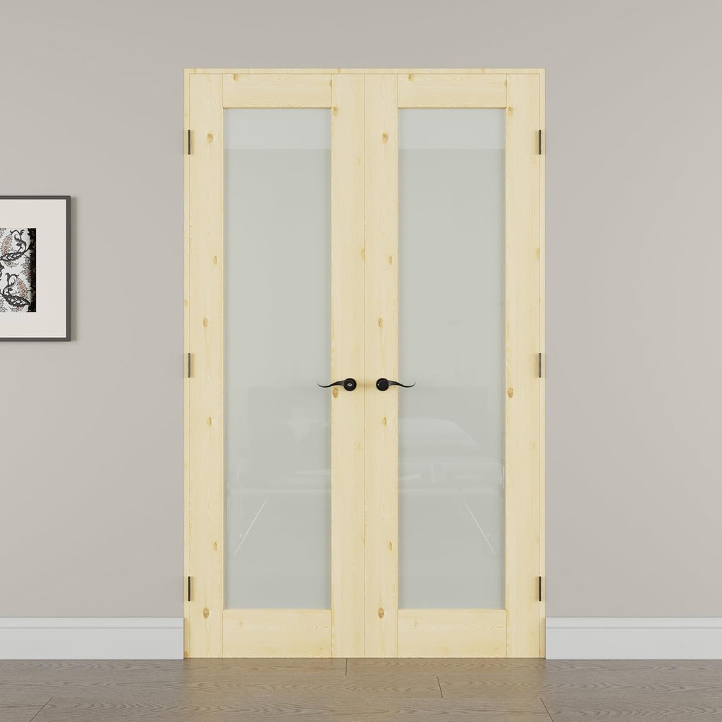 36' x 80' French Doors Interior (Double 18' x 80' Frosted Glass Pine Wood Door with Black Hinge Prehung Jamb Kit), Unifinished Natural Wood, Prebuilt Home Door Panels & Assembly Required Jamb