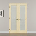 36' x 80' French Doors Interior (Double 18' x 80' Frosted Glass Pine Wood Door with Black Hinge Prehung Jamb Kit), Unifinished Natural Wood, Prebuilt Home Door Panels & Assembly Required Jamb