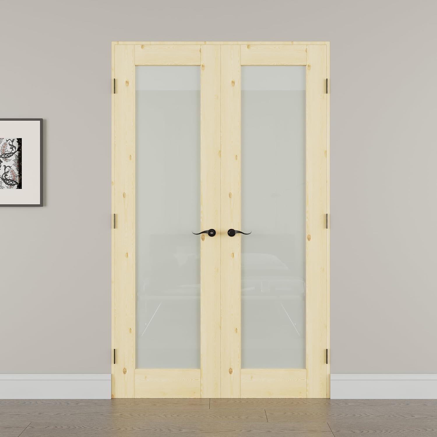 36' x 80' French Doors Interior (Double 18' x 80' Frosted Glass Pine Wood Door with Black Hinge Prehung Jamb Kit), Unifinished Natural Wood, Prebuilt Home Door Panels & Assembly Required Jamb