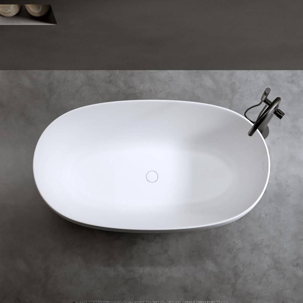 59' Solid Surface Freestanding Soaking Tub, Stone Resin Bathtub with Thick Edge & Overflow, Non-Slip Matte White Finish, Oval Standalone Bathtub with Pop-Up Drain, Easy to Clean & Install