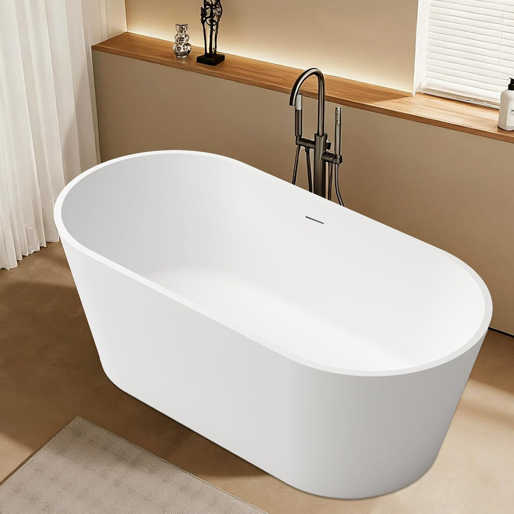 Stone Resin Freestanding Bathtubs,67'Solid Surface Matte White Modern Oval Upgrade 25mm ultra-thick edges Luxury Stand Alone Bathroom Bath Soaking Tub with Pop up Drain & Integrated Overflow
