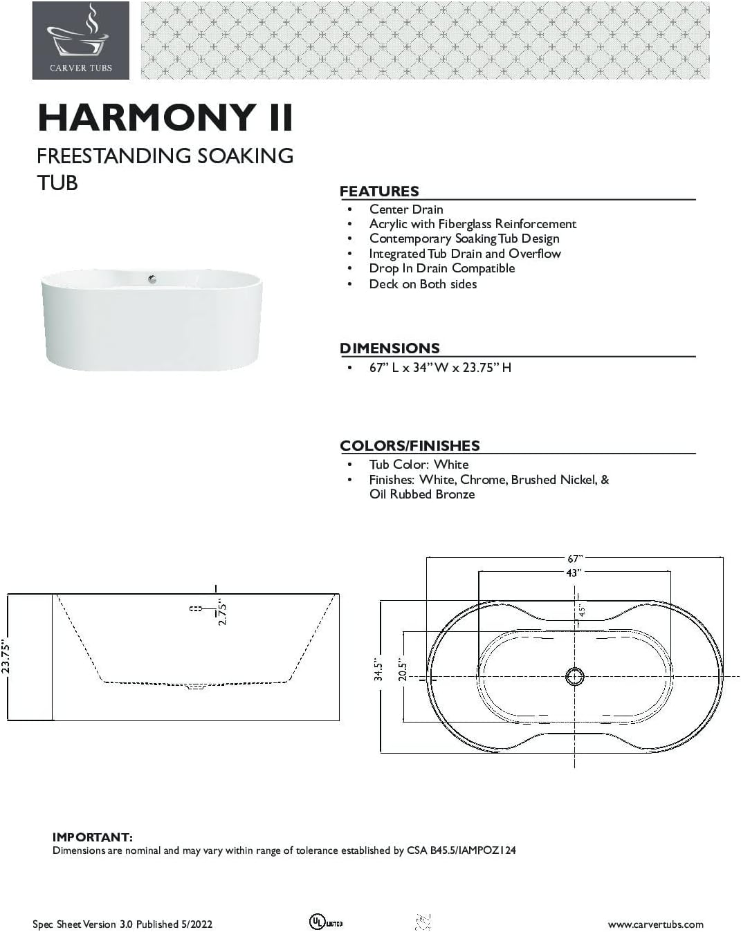 Carver Tubs - Harmony II 67' - Acrylic Freestanding Soaking Bathtub, White Modern Acrylic Oval Tub Chrome Drain and Center Slotted Overflow Chrome Center Drain Included - 67'L x 34'W x 23.75'H