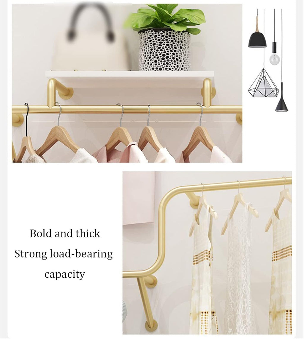Boutique Retail Garment Rack,Modern Industrial Pipe Wall Mounted Garment Rack,Heavy Duty Multi-Purpose Hanging Bar with Shelves,Gold Closet Organizer System(L 300cm