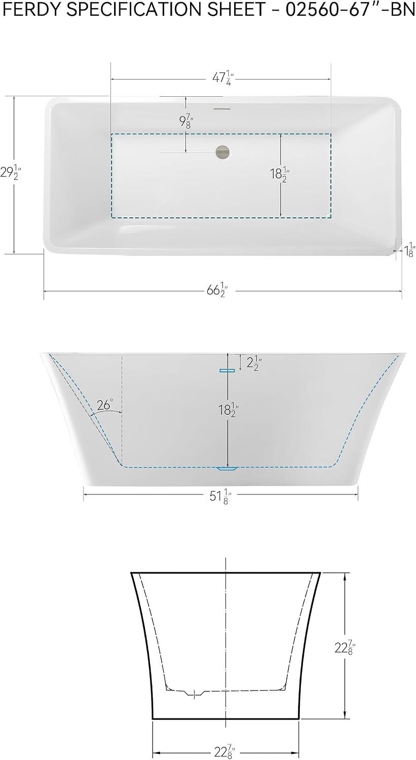 FerdY Sentosa 67' Acrylic Freestanding Bathtub, Contemporary Design Soaking Tub with Brushed Nickel Drain & Back Scrubber for Shower,Long Handled Loofah on a Stick, Soft PE Mesh Back Sponge