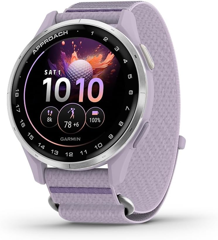 Garmin Approach J1 Silver Aluminum Bezel with Lilac ComfortFit Fabric Band 010-03898-10 Bundle with 26‑Month Protection Plan, 3X Deco Essentials Silicone Dust Cover and 2X Screen Protector