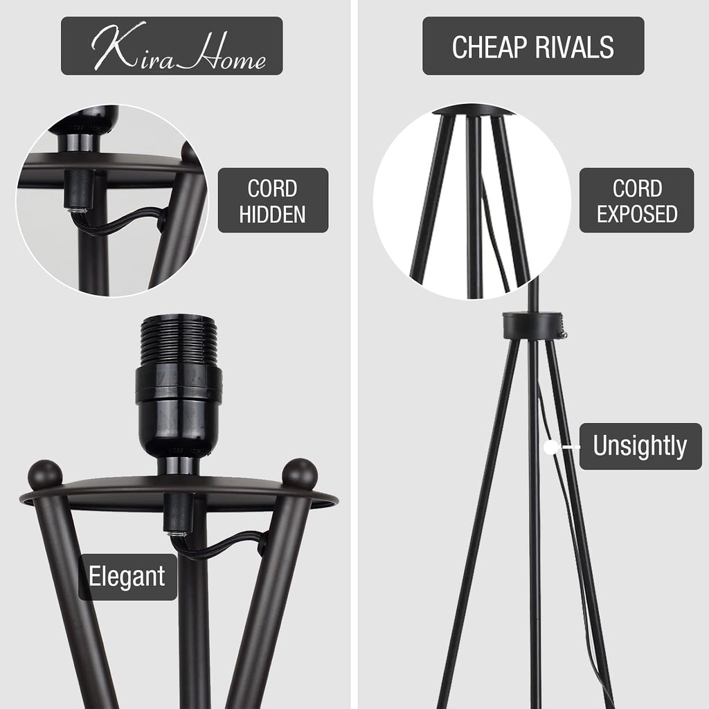 Kira Home Sadie 60' Modern Tripod Floor Lamp with Honey Beige Linen Drum Shade, Mid Century Cross-Leg Standing Light with 9W LED Bulb, Oil Rubbed Bronze Finish