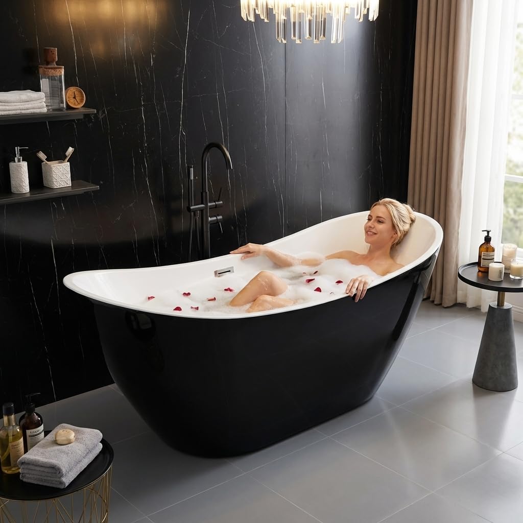67 Inch Acrylic Freestanding Bathtub, Acrylic Soaking Bathtub with Matte Drain and Overflow, Modern Square Tub, cUPC Certified, Deep Ergonomic Design, Double-Walled Insulation, Easy Installation