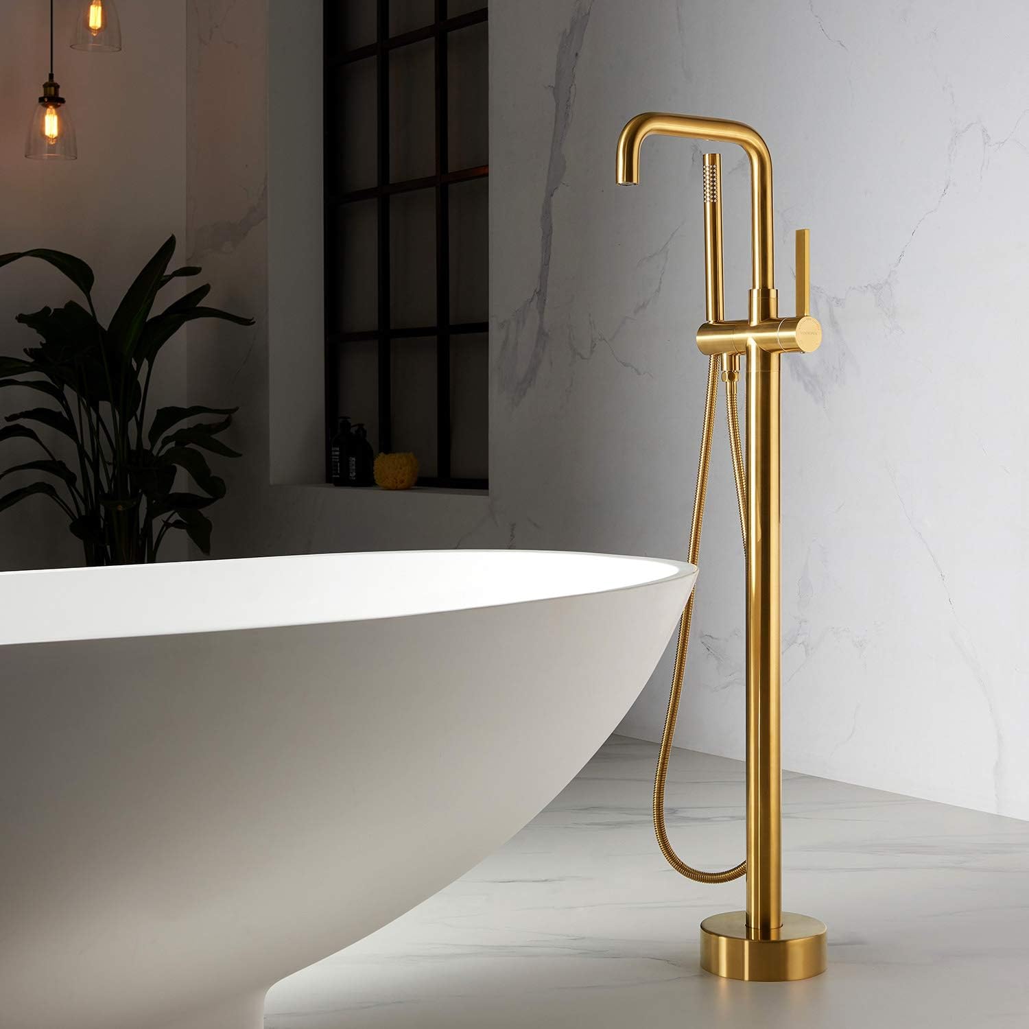 Vinnova Delara Freestanding Chrome Tub Faucet with Handheld Shower Bathroom Tub Filler, Floor Mounted, Brushed Gold Finish