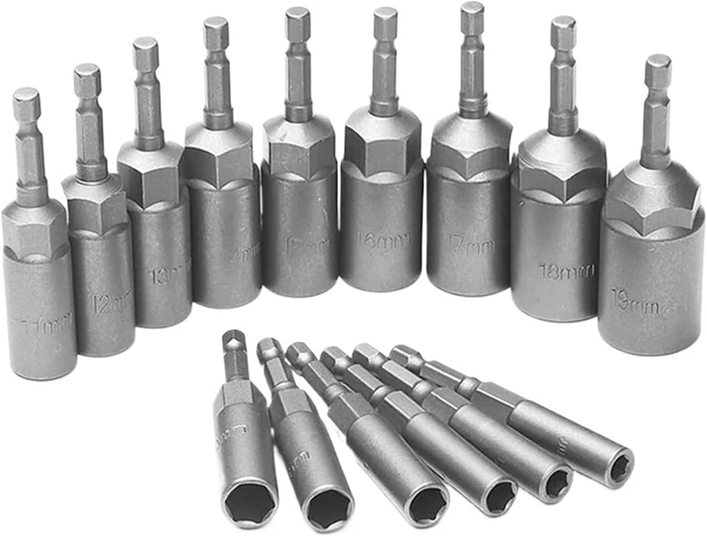 15Pcs 80mm Length Deepen Power Nut Driver Drill Bit Set 5.5-19MM Impact Socket Adapter for Tools 6.35MM Hex Shank