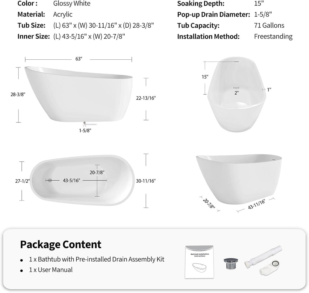 Acrylic Soaking Tub with Pop-up Drain & Integrated Overflow, Freestanding Bathtub with Double-Wall Insulation, Stand Alone Tub, Ergonomic, Easy Install (63')
