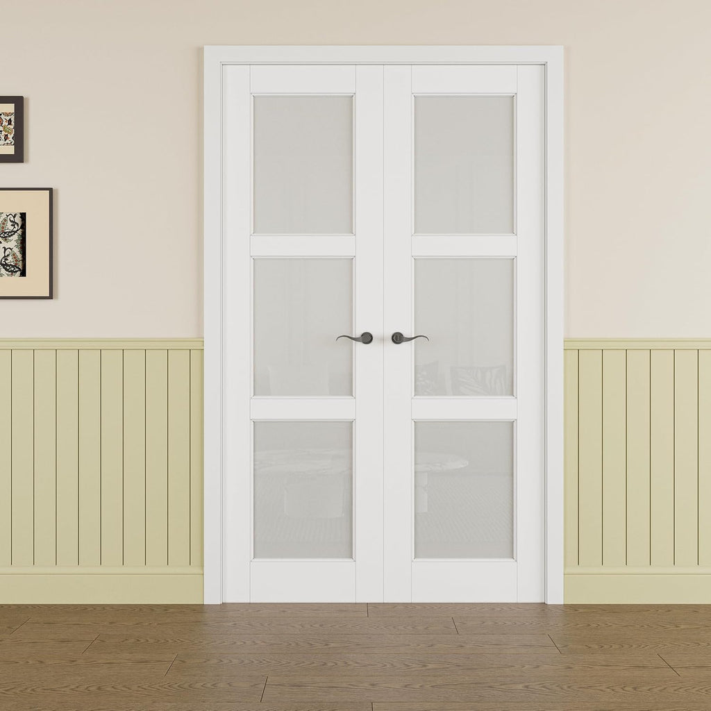 Prehung French Door 36' x 80' (2x18 in), Tempered Frosted Glass Door Slabs with Jamb, Black Hinges, 4 Levers & Latch, Solid Core Interior Door, Pre-Finished & Paintable, MDF Double Doors Interior