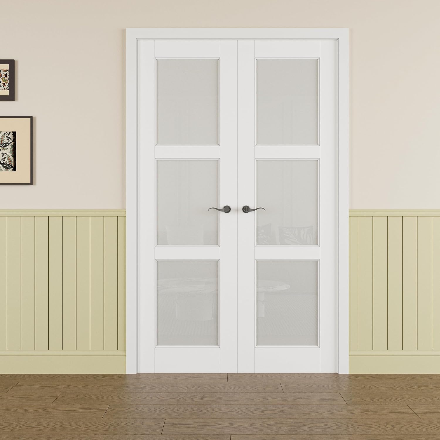 Prehung French Door 36' x 80' (2x18 in), Tempered Frosted Glass Door Slabs with Jamb, Black Hinges, 4 Levers & Latch, Solid Core Interior Door, Pre-Finished & Paintable, MDF Double Doors Interior