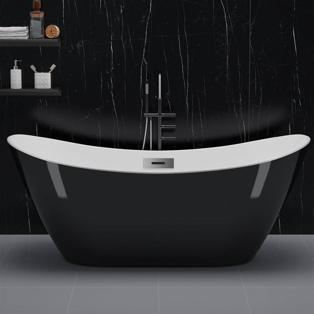 IDEALHOUSE 59' Acrylic Freestanding Bathtub Contemporary, Soaking Tub, CUPC Certified Stand Alone Tub with Non-Slip Base, Chrome Drain & Overflow, for Home Spa Relaxation(Black-Sky)