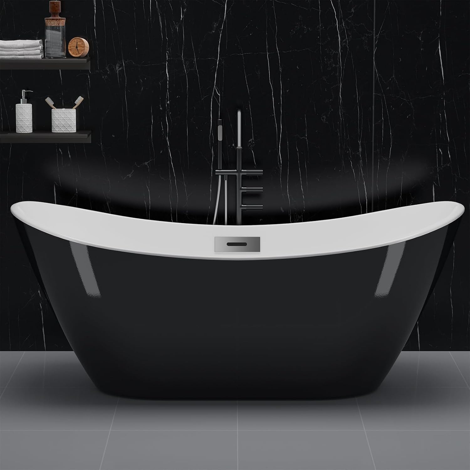 IDEALHOUSE 59' Acrylic Freestanding Bathtub Contemporary, Soaking Tub, CUPC Certified Stand Alone Tub with Non-Slip Base, Chrome Drain & Overflow, for Home Spa Relaxation(Black-Sky)