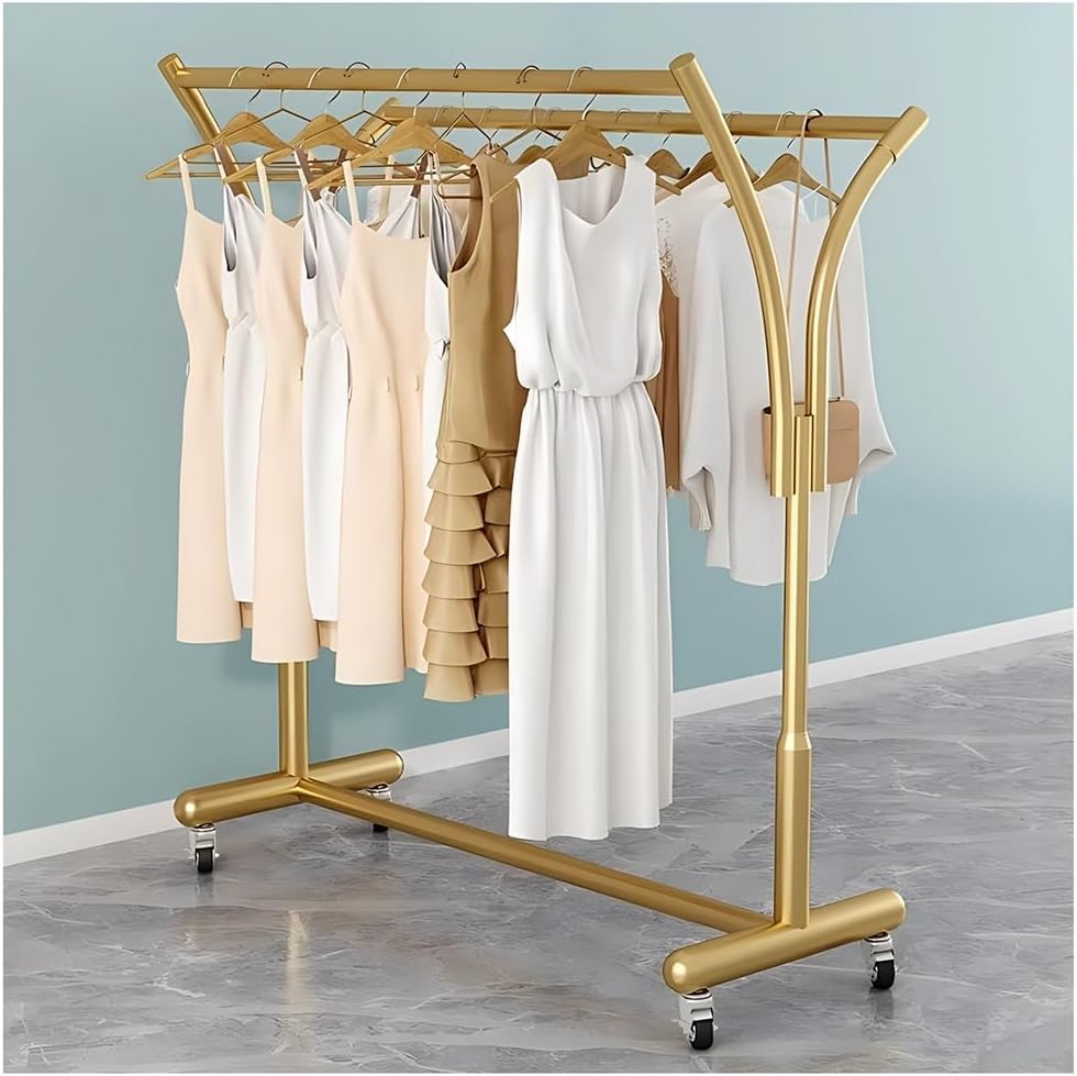 Floor Standing Retail Metal Clothing Rack, Heavy Duty Double-Rod Movable Clothing Shelf, Multifunctional Standing Rolling Garment Rack, for Shopping Mall Clothing Store (Gold b)