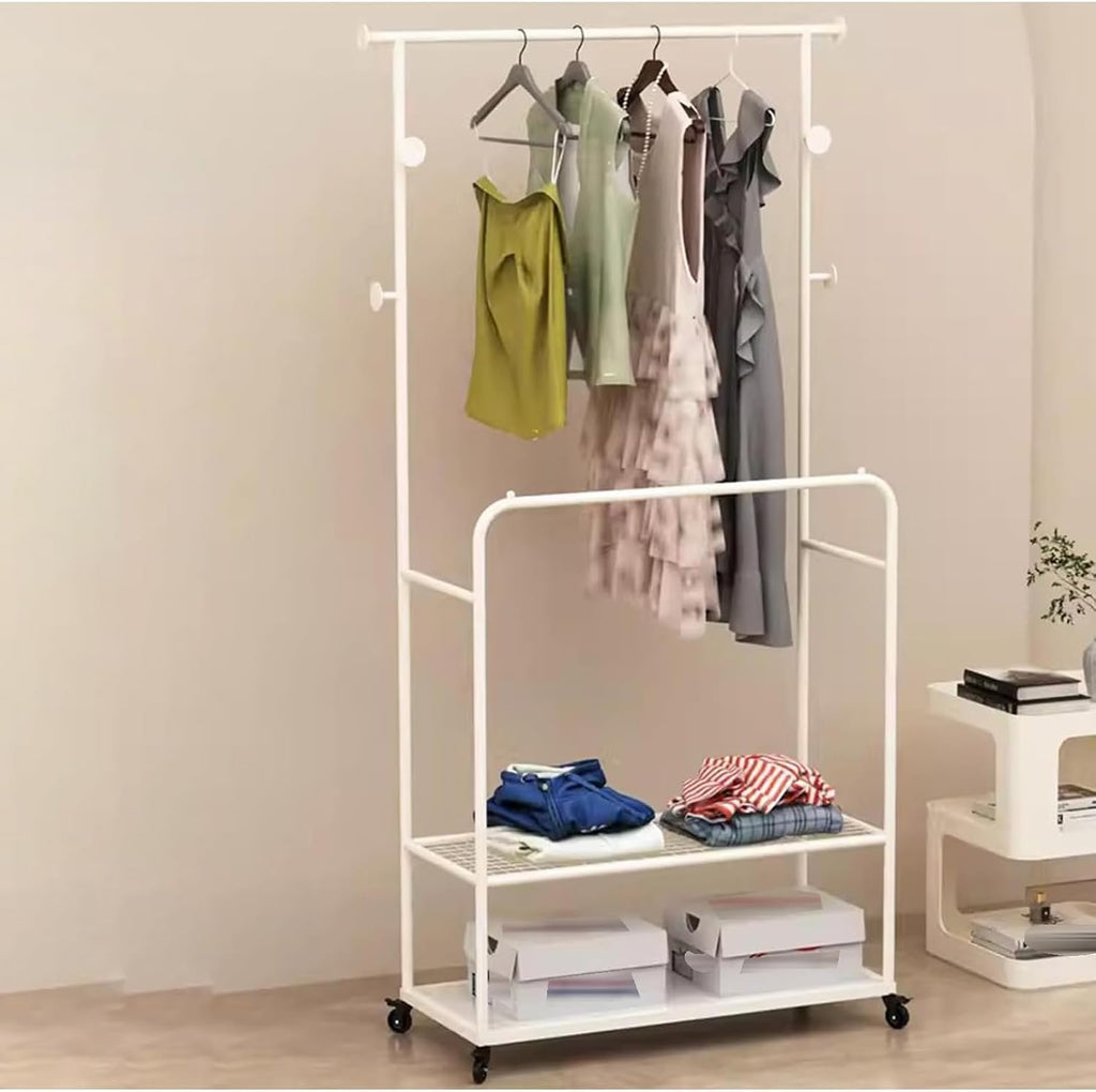 Heavy duty Garment rack Double Rods Clothes Rack With Wheels, Heavy Duty Metal Clothing Rack For Hanging Clothes, Multi-functional Coat Rack With 2 Shelves And 4 Hooks,Clothes Organi (White 100X30X17