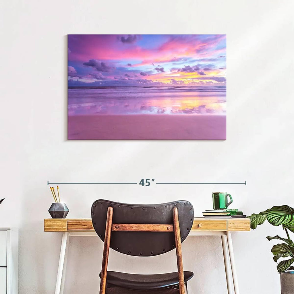 ElephantStock Cotton Candy Beach Sunrise Wall Art - Horizontal Wrapped Canvas - 1-Piece Living Room Wall Decor - Photography Beach Canvas Print - Purple and Pink Decor for Wall - 36' X 24'