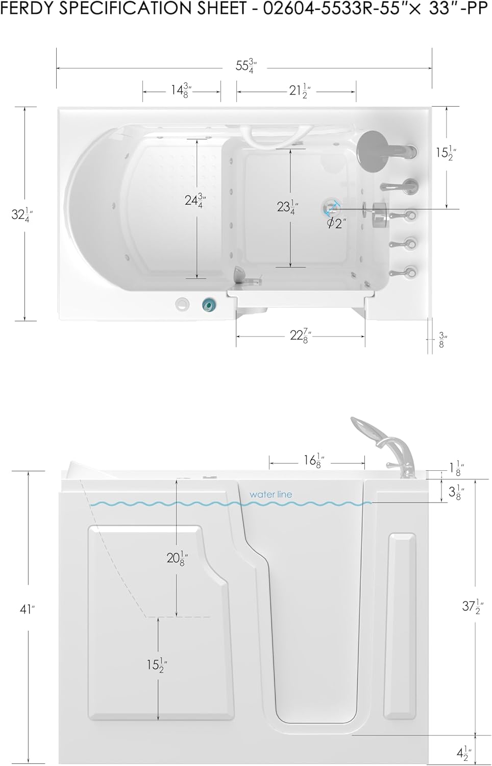 FerdY Floridian 55' x 33' Walk-in Whirlpool Bathtub with 16 Air SPA Jets and Right-Side Door Opening and Quick Fill and Drain System& Bath Pillow for Bathtub,Thick Tub Pillows, Ergonomic Support