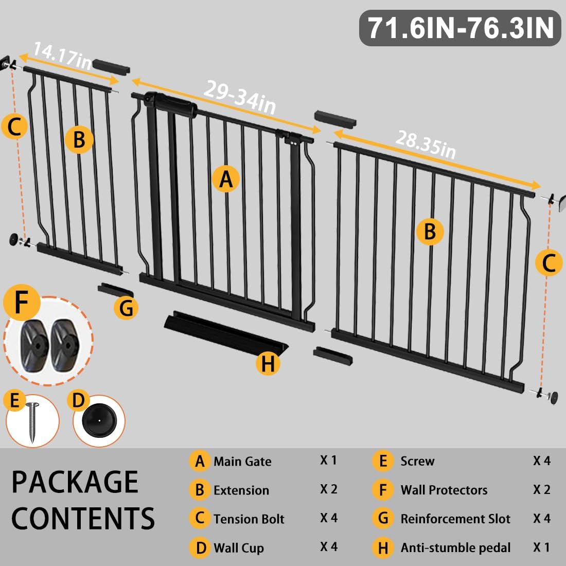Fairy Baby Extra Wide Baby Gate 71.6-76.3 Inch Wide, Walk Through Pressure Mounted No Drill for Doorways, Long and Large Tension Gate for Pet and Kids, Black