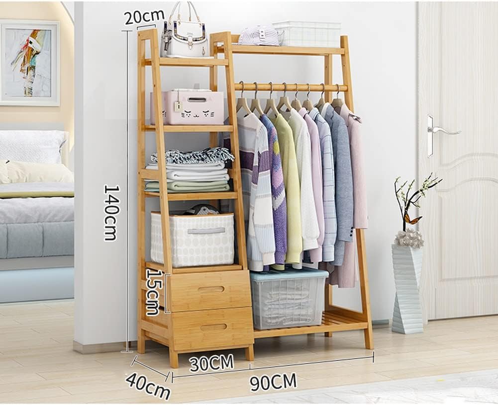 Wooden Clothing Rack with Drawer Shelves Heavy Duty Clothes Hanging Rails Wood Garment Rack Clothes Hanger Rack Open Wardrobe Closet Coat Stands Multifunctional-90x40x140cm