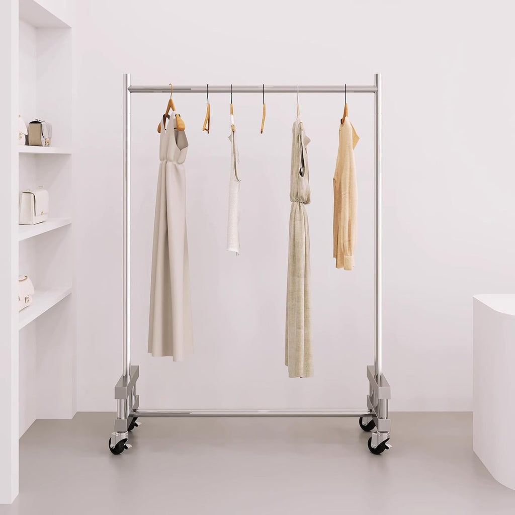 Garment Rack Heavy-Duty Clothes Rack With Wheels, Silver Stainless Steel Clothing Rack For Hanging Clothes, Commercial Clothes Rail For Retail Display, Single Rod Coat Rack For Bed(Size:120X40X160CM)