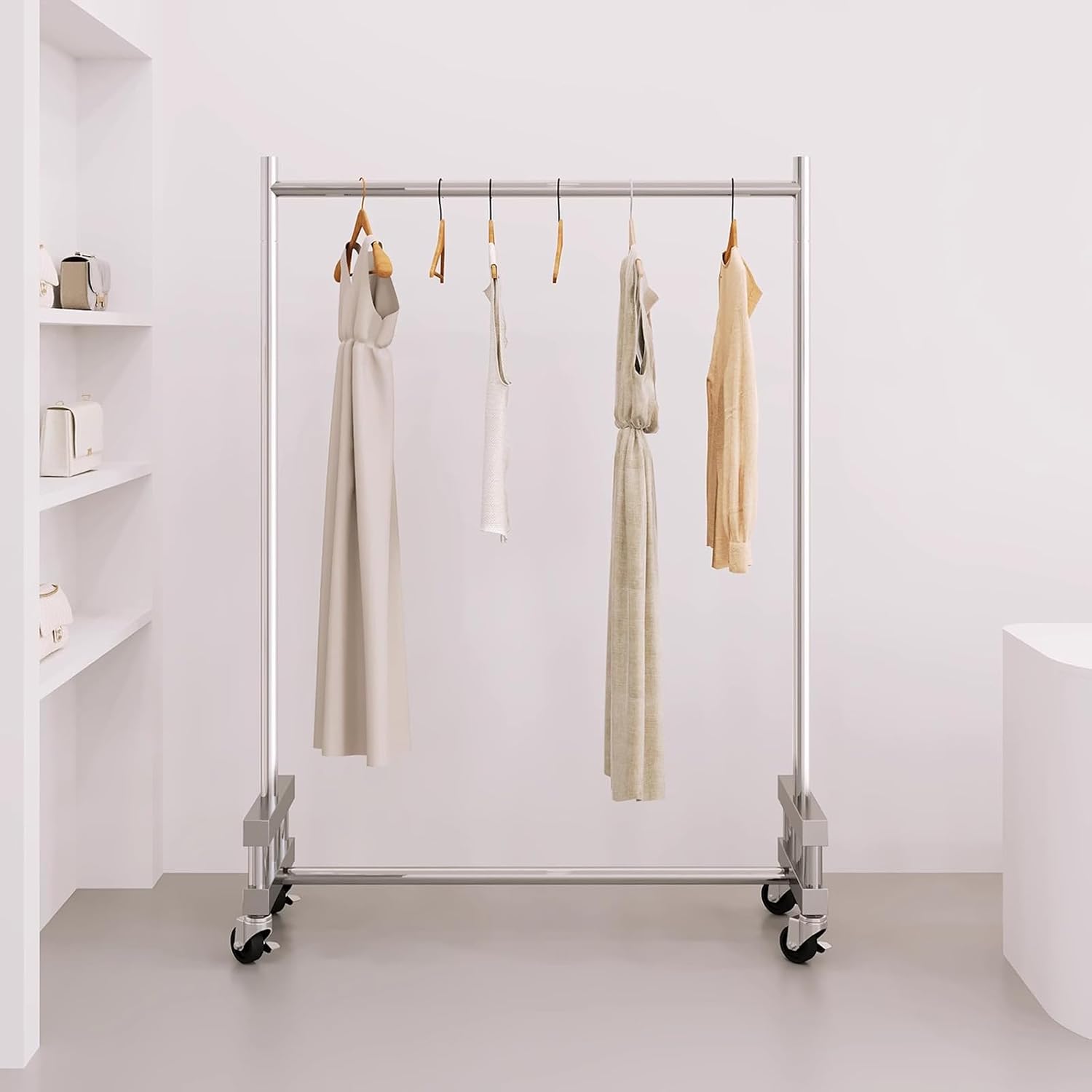 Garment Rack Heavy-Duty Clothes Rack With Wheels, Silver Stainless Steel Clothing Rack For Hanging Clothes, Commercial Clothes Rail For Retail Display, Single Rod Coat Rack For Bed(Size:120X40X160CM)
