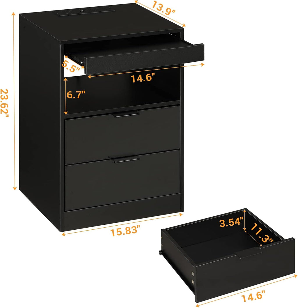 Tiptiper Black Nightstand Set of 2, LED Nightstand with Wireless Charging Station, Night Stand with Drawers & Pull-Out Shelf, Modern Bedside Table with Storage, End Table Side Table