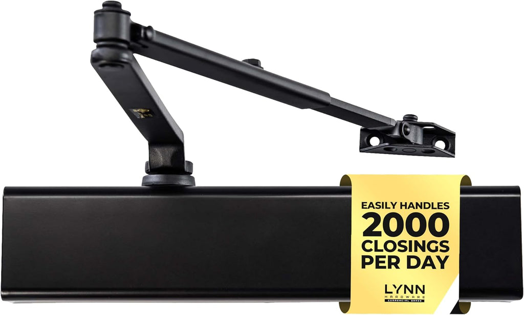 LYNN HARDWARE Heavy Duty Automatic Door Closer (Black) - Commercial Grade, Contractors Choice, Adjustable Speed & Force, Delayed Closing Timer, 3 Mounting Options, 3 Hour Fire Rated (DC8016 Model)
