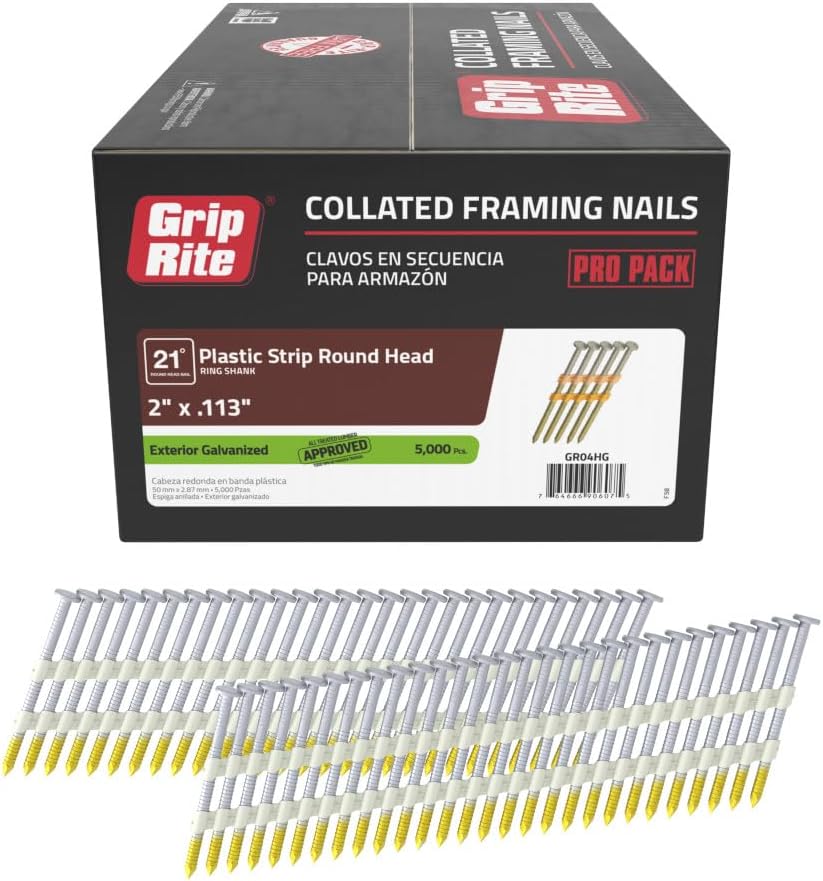 Grip-Rite 21 Degree Framing Nails - Exterior Galvanized Nails for Wood-to-Wood Framing Projects - Plastic Strip Collated Fastener - Round Head - Ring Shank - 2' x .113' - 5000 Count - GR04HG