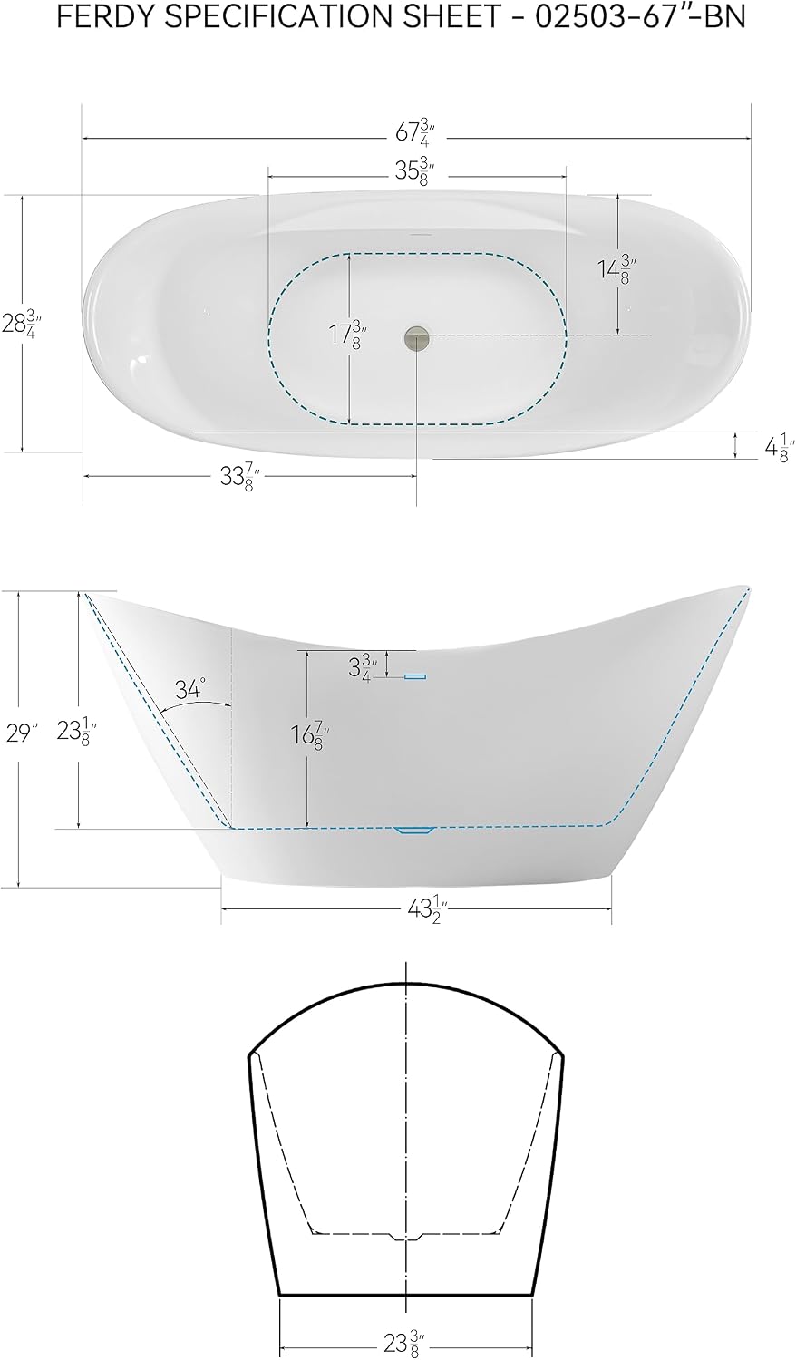 FerdY 67' Freestanding Bathtub, Glossy White Acrylic Soaking Tub, Includes Minimalist Linear Design Overflow and Toe-Tap Brushed Nickel Drain