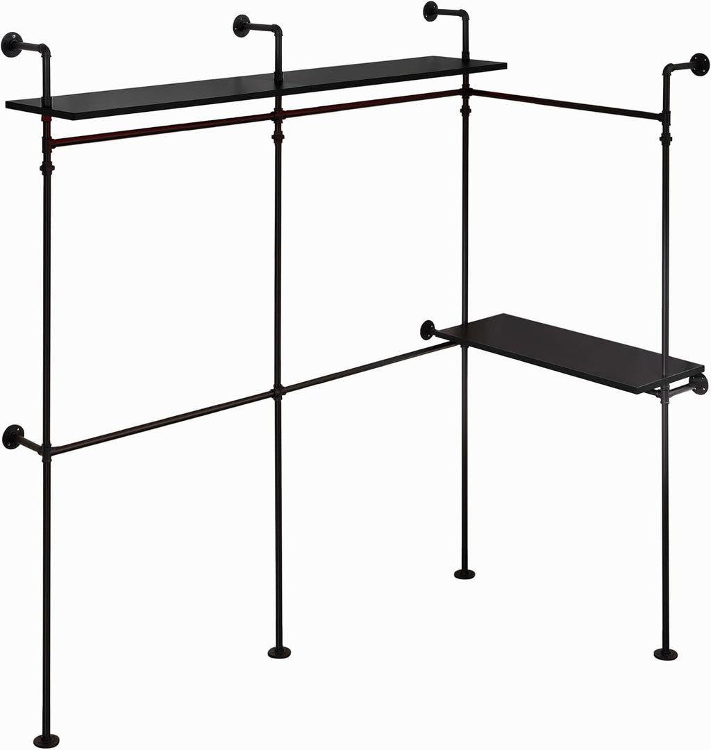 Industrial Pipe Clothing Rack Reversible 118.3'' Clothes Rack for Hanging Clothes Heavy Duty Garment Rack Closet Wardrobe Rack with LED Lights Shelves Walk-in Closet System Black Three