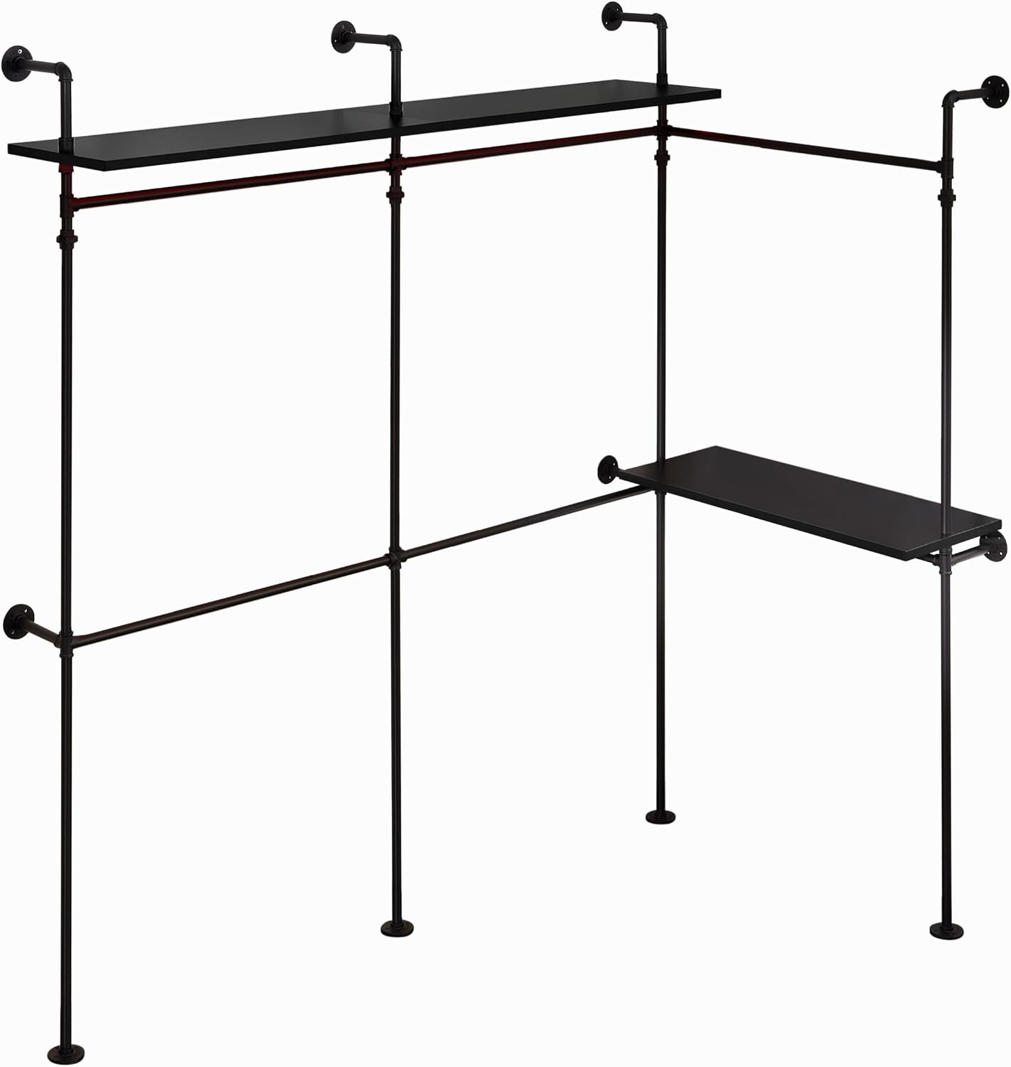 Industrial Pipe Clothing Rack Reversible 118.3'' Clothes Rack for Hanging Clothes Heavy Duty Garment Rack Closet Wardrobe Rack with LED Lights Shelves Walk-in Closet System Black Three