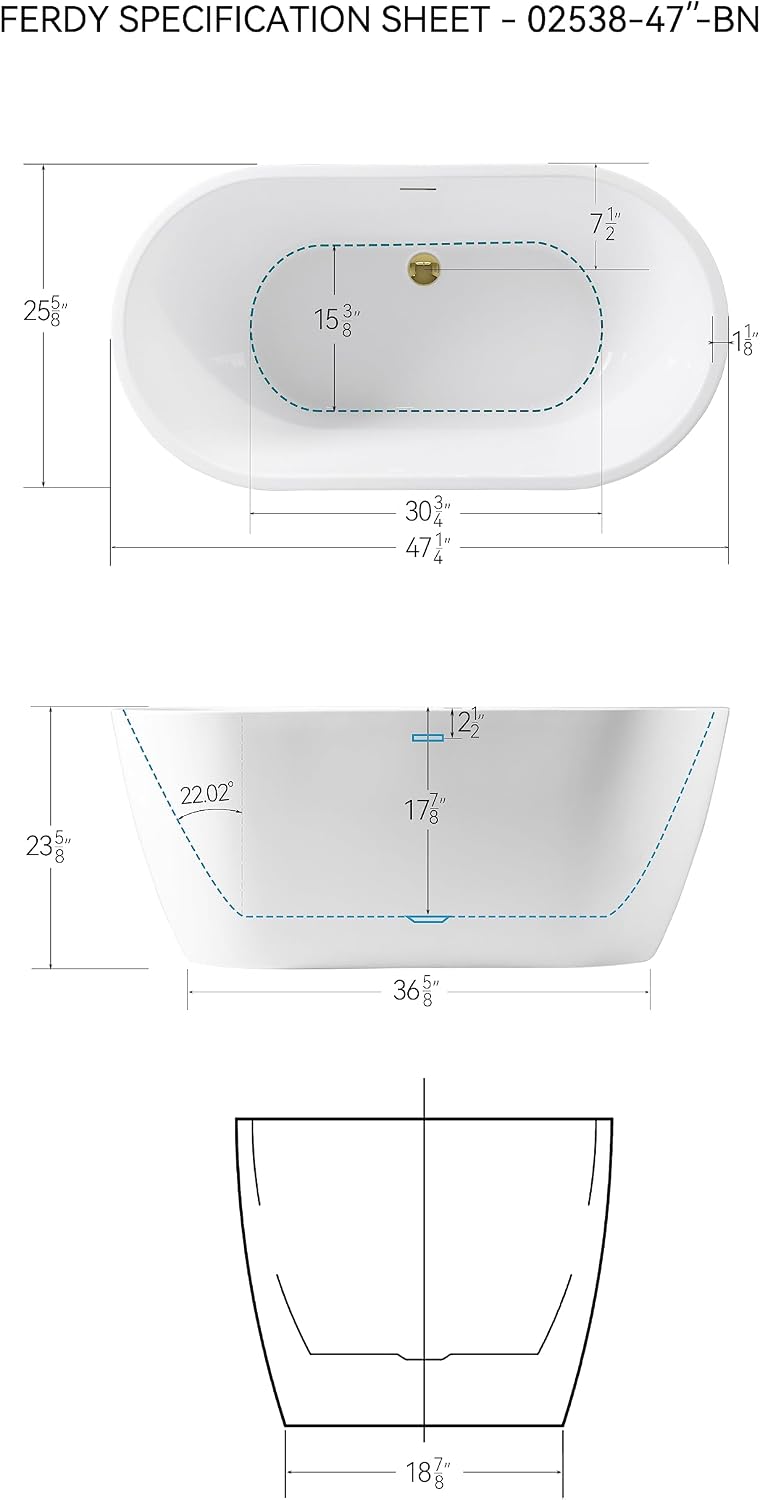 FerdY 47' Acrylic Freestanding Bathtub, Contemporary Soaking tub with Polished Gold Drain & Overflow, Elegant Oval Shape, cUPC Certified, Bali