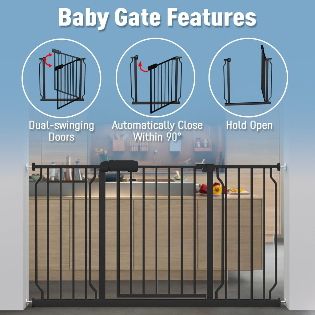 ALLAIBB Extra Wide Pressure Mount Baby Gate Auto Close Black Metal Child Dog Pet Safety Gates with Walk Through for Stairs,Doorways,Kitchen and Living Room (52.76-62.2'/134-158cm)