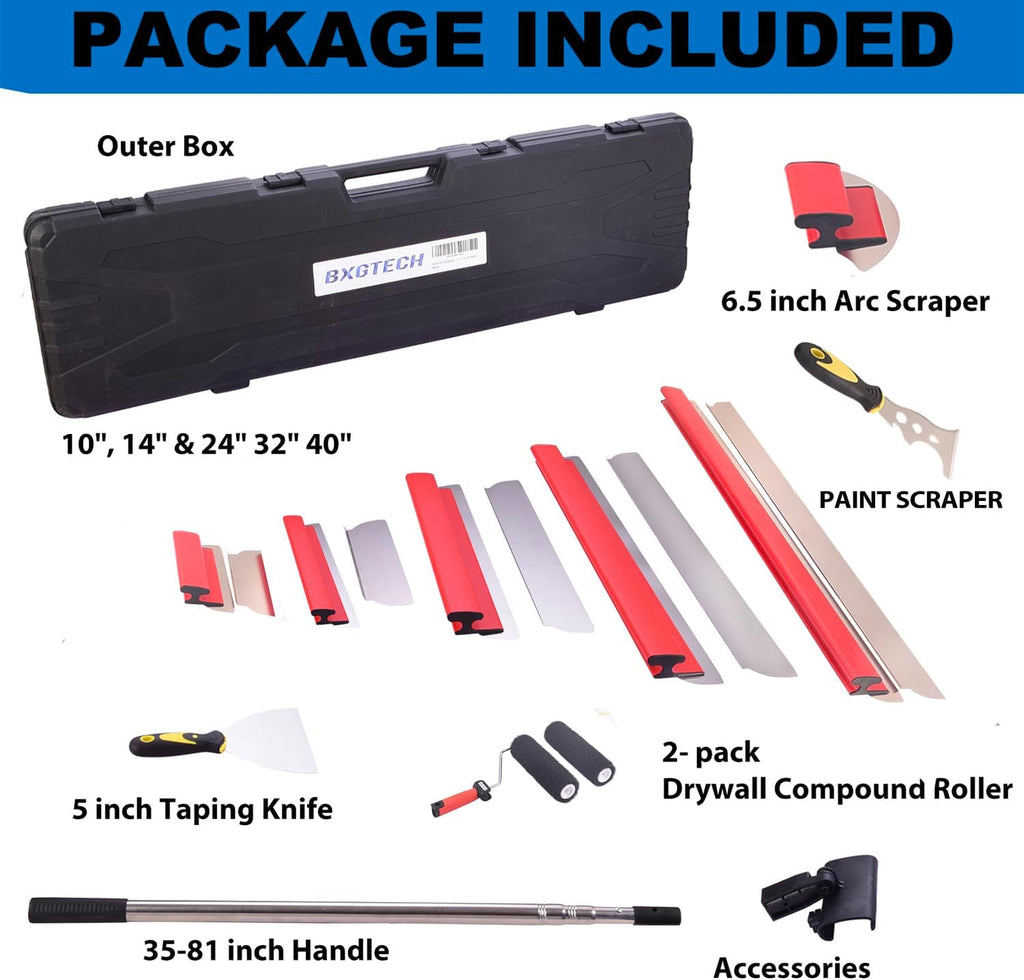 Drywall Tools Skimming Blade with 9 inch Compound Roller - 10', 14', 24'& 32' 40' Blades with 2 Pack 0.3 mm Blades,Taping Knife, Arc Scraper, Construction Tools
